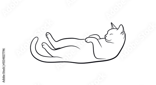 Playful Line Drawing of a Relaxing Cat with Extended Limbs in a Comfortable Position