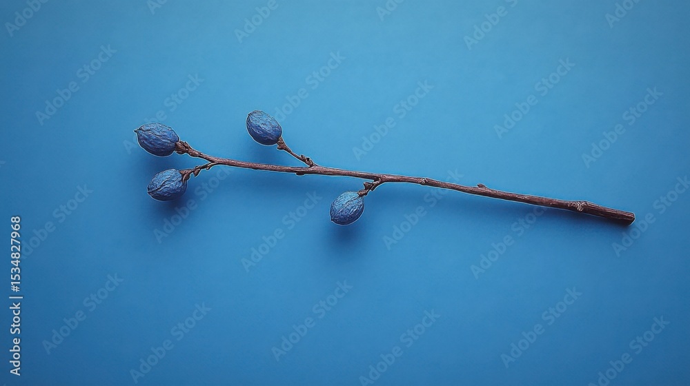 Fototapeta premium Beaded Decorative Blue Branch on Azure Background Still Life Style