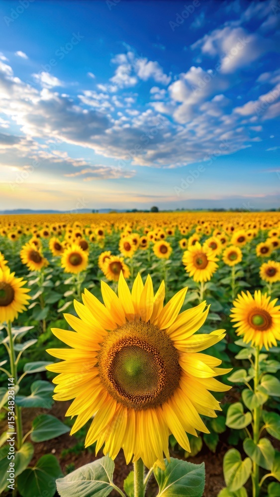 Fototapeta premium Bright sunflower fields with tall yellow flowers stretching as far as the eye can see