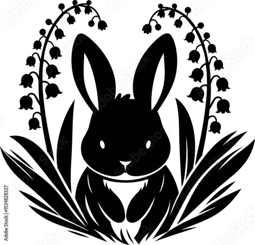 Sweet rabbit hiding comfortably beneath delicate Lily of the Valley bushes in early morning