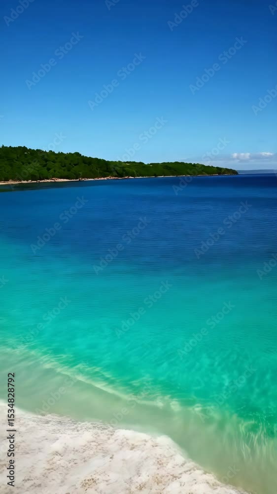 Seascape View of Turquoise Ocean Water Meeting Sandy Beach Shoreline Under a Bright Blue Sky, Gentle Waves Lap the Coast Seascape View of Turquoise Ocean Water Meeting Sandy Beach Shoreline Under a Bright Blue Sky, Gentle Waves Lap the Coast