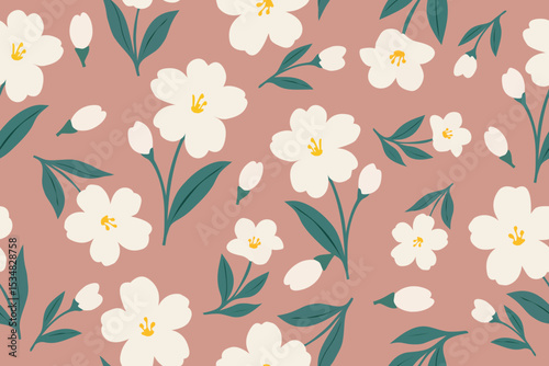 Soft floral pattern with cream-white flowers, green leaves, and a muted pink background. Elegant and minimal design, perfect for textiles, wallpapers, and romantic projects.