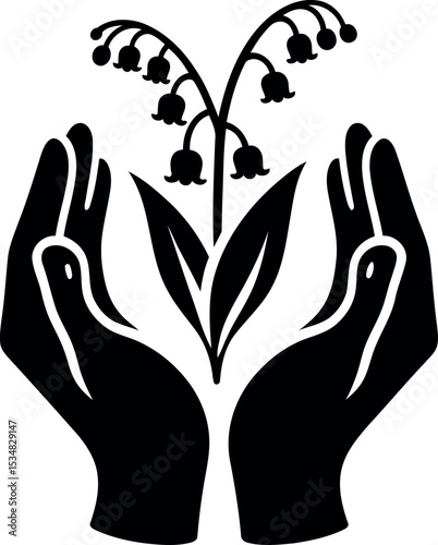 Two caring hands extend Lily of the Valley blooms as a token of peace