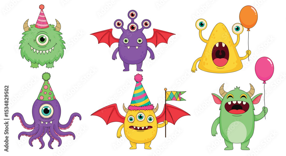 Obraz premium Cartoon Monsters Wearing Party Hats in Different Colors Holding Balloons and Flags for Celebration