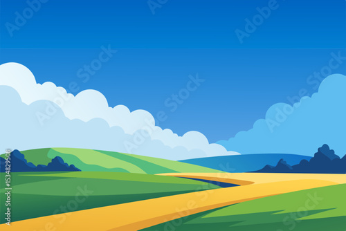 Grass Field landscape with blue sky and white cloud