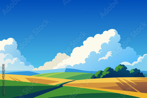 Grass Field landscape with blue sky and white cloud