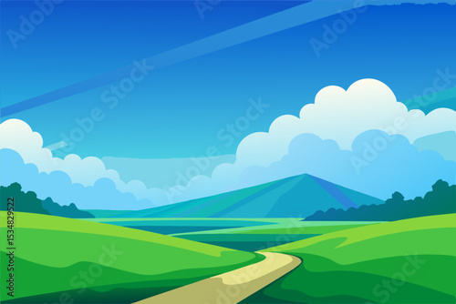Grass Field landscape with blue sky and white cloud