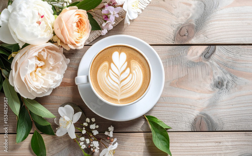 Latte Art and Flowers on Wooden Table – Cozy Morning Still Life