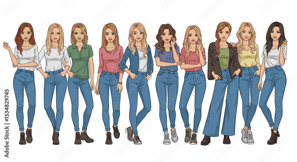 Obraz premium Diverse Group of Young Women Wearing Varied Outfits With Jeans As Base Bottom Wear