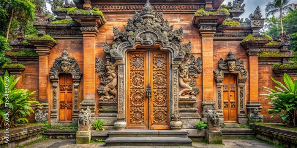 Fototapeta premium Ancient Hindu temple gate with intricate stone carvings and ornate wooden doors