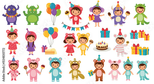 Delightful Kids Birthday Celebration Featuring Adorable Monsters and Children in Animal Costumes