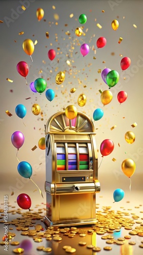 A colorful slot machine with a golden finish and shiny chips flying out of it in a circular motion