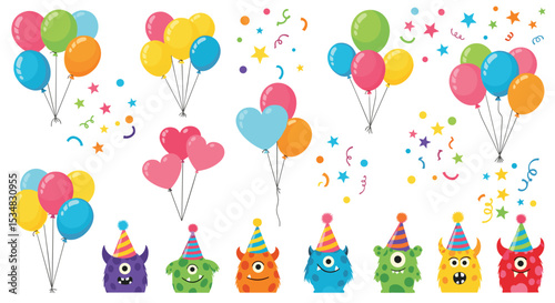 Festive Celebration with Colorful Balloons and Party Monsters A Joyful Illustration