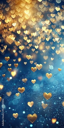 A blue background with scattered gold hearts and soft bokeh lights resembling a romantic night sky