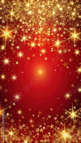 Festive red background with golden glitter and twinkling stars