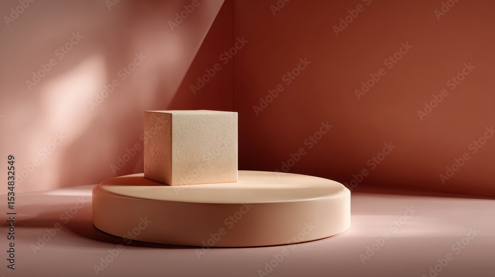 custom made wallpaper toronto digitalMinimalist design featuring a beige cube on a smooth cylinder platform against a terracotta background with soft shadows and clean lines