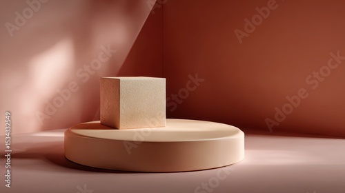 Wallpaper Mural Minimalist design featuring a beige cube on a smooth cylinder platform against a terracotta background with soft shadows and clean lines Torontodigital.ca
