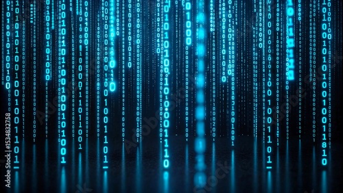 Falling blue binary code with glowing matrix effect on dark digital background
