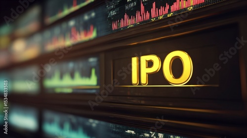 Close-up of golden stock market ticker displaying IPO with financial charts, symbolizing investment opportunities and capital market growth. Financial business and trading concept.