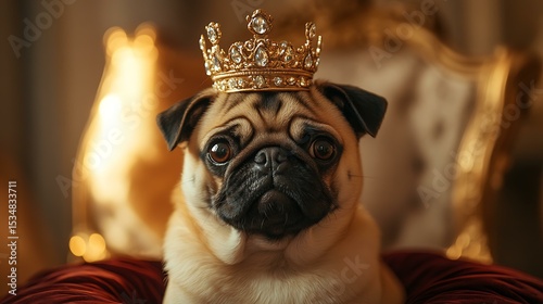 Royal Pug Portrait, captured in a realistic photograph, a regal pug with a tiny, bejeweled crown sits atop a velvet cushion Royal Pug Portrait Banana Kingdom Pup