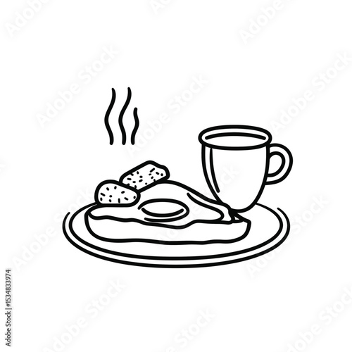 Line Art Illustration of a Delicious Breakfast with Fried Egg, Toast, and Coffee Cup
