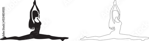 Woman sitting on the splits with her arms raised up. Vector silhouette of stretching.