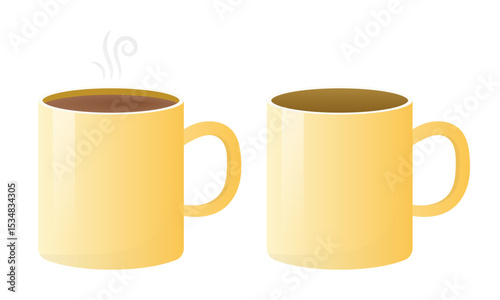 Two yellow mugs, one filled with hot coffee and the other empty, vector eps10 illustration