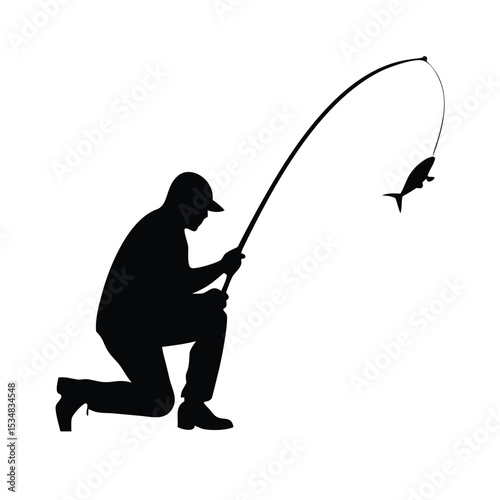 Silhouette of a fisherman catching a fish