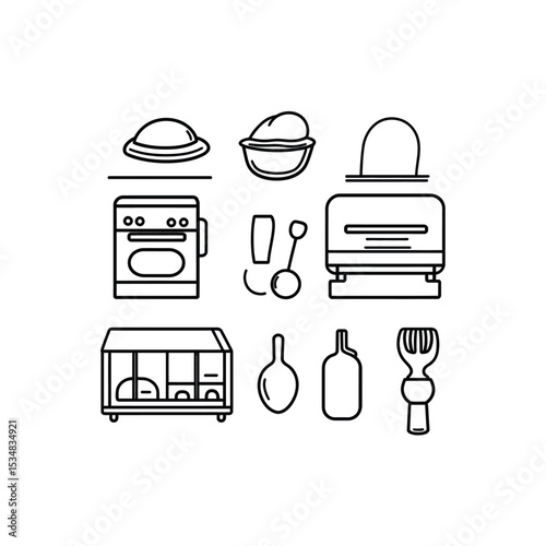 Line Art Illustration of Culinary Utensils, Kitchenware, and Appliances for Food Preparation