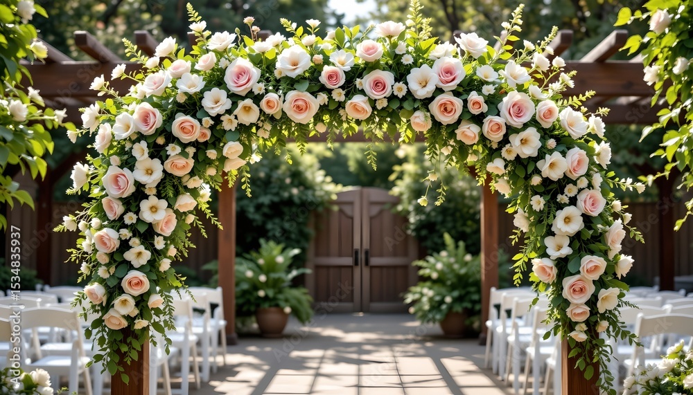 Obraz premium an elegant outdoor wedding arch adorned with pink flowers. this floral arch is prominently positioned in front of a building that appears to be part of a larger venue