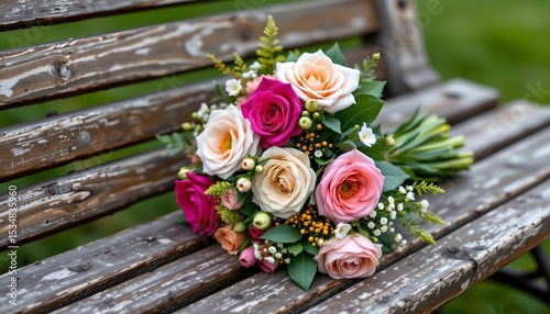 a bouquet of assorted flowers in a wooden park bench. the flowers have a variety of colors and are arranged in a casual, yet somewhat formal manner