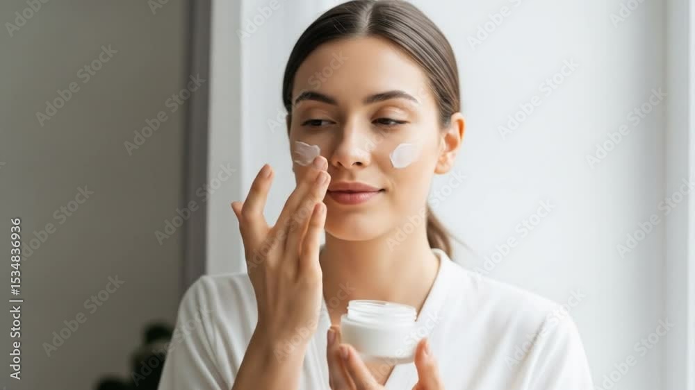 Woman Applying Cream To Her Face for Skin Care Routine Woman Applying Cream To Her Face for Skin Care Routine