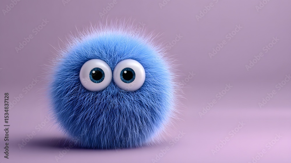 Obraz premium Cute Blue Fur Ball with Big Eyes on Soft Purple Background