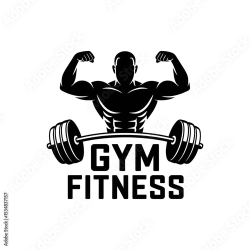 Gym Fitness Logo with Muscular Man Flexing and Barbell – Black and White Bodybuilding Emblem Design