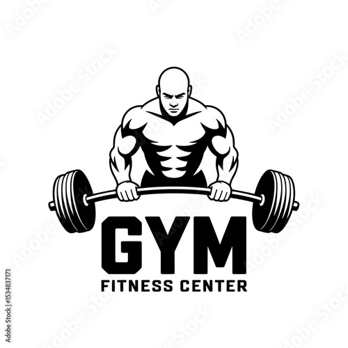 Gym Logo with Muscular Bodybuilder Lifting Barbell – Black and White Fitness Center Emblem Design