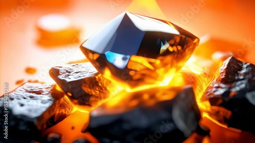 Sparkling gem resting atop a fiery pile of coal in a dark environment with golden lights highlighting the textures of the stone material.