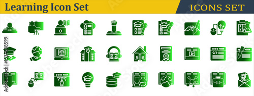 Learning Icon Set. Containing Campus,Chemistry,Ebook,Elearning,Exam,Homeschooling,Online Learning,Open Book,Physics,Read,Scholarship,Science,Study,Teach,Tutorial. Outline Style