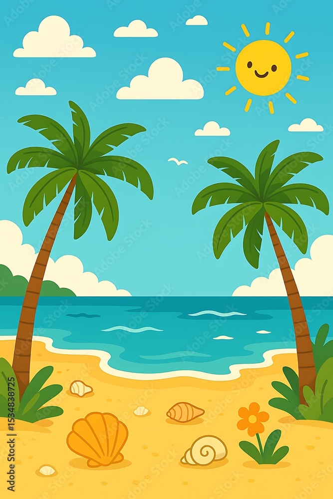 Obraz premium Cartoon tropical beach scene with palm trees and sunshine