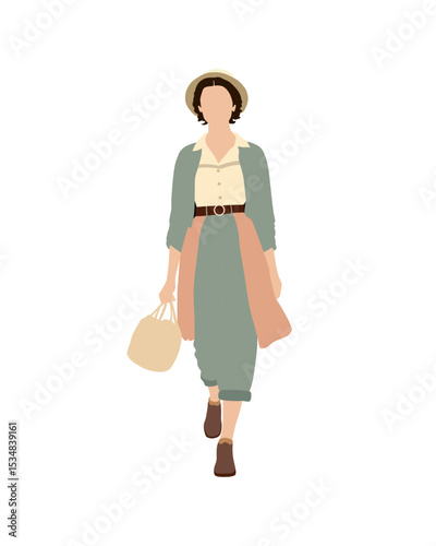 Flat vector people and illustration, woman with casual vintage outfit