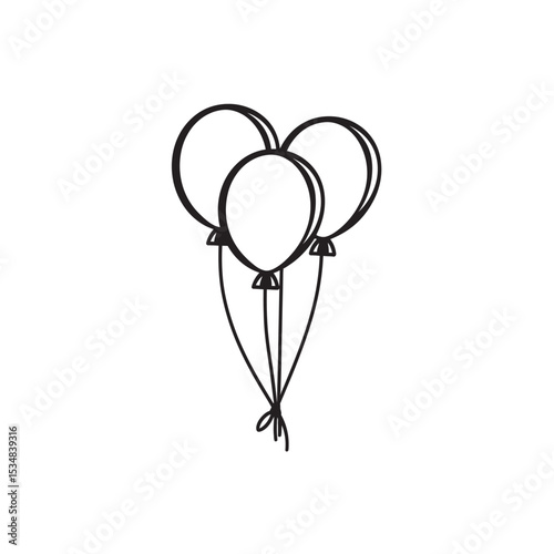 Line Drawing of Three Round Balloons Attached with Strings Isolated on White Background