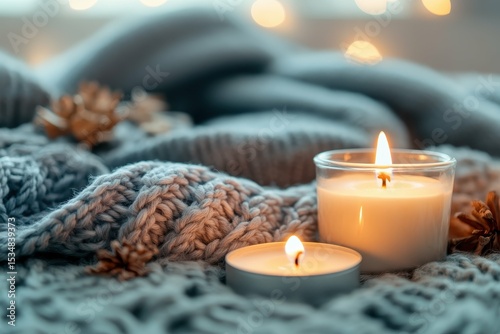sharp picture of cozy background with burning candles and knitted element