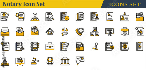 Notary Icon Set. Containing Administrative,Agreement,Court,Dwelling,Family Law,Gavel,Investigation,Justice,Notary,Rubber Stamp,Signature,Stamp,Subpoena. Outline Color Lineal Style