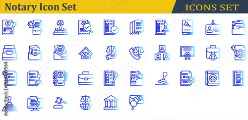 Notary Icon Set. Containing Administrative,Agreement,Court,Dwelling,Family Law,Gavel,Investigation,Justice,Notary,Rubber Stamp,Signature,Stamp,Subpoena. Outline Gradient Style