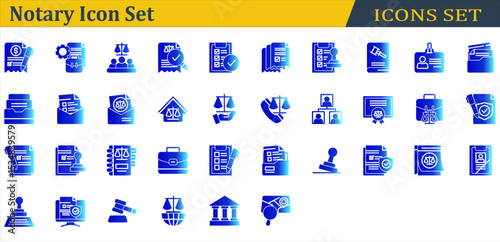 Notary Icon Set. Containing Administrative,Agreement,Court,Dwelling,Family Law,Gavel,Investigation,Justice,Notary,Rubber Stamp,Signature,Stamp,Subpoena. Solid Gradient Style