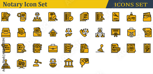 Notary Icon Set. Containing Administrative,Agreement,Court,Dwelling,Family Law,Gavel,Investigation,Justice,Notary,Rubber Stamp,Signature,Stamp,Subpoena. Solid Color Lineal Style