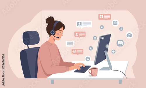 A collection of modern flat design illustrations depicting women working from home or remotely, social media, and digital tasks. Ideal for online business, freelance, and digital communication themes.