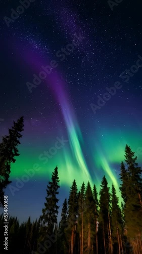 Wallpaper Mural Dramatic northern lights display dances above evergreen trees under a starry sky with vibrant colors and atmospheric effects captured during night Torontodigital.ca