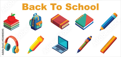 School stationery and Art Supplies vector illustration Set on white background, Back to school concept