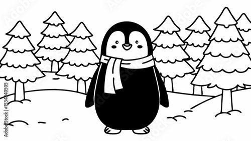 Cartoon penguin wearing a scarf standing in a snowy forest with christmas trees in black and white style created with generated ai