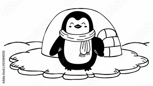 Cartoon penguin wearing a scarf standing in front of an igloo on a snow covered surface scene created with generated ai